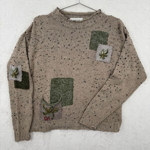 J Jill Patchwork Sweater Embroidered Fall Leaves Pocket Rolled Edge Vintage Y2K